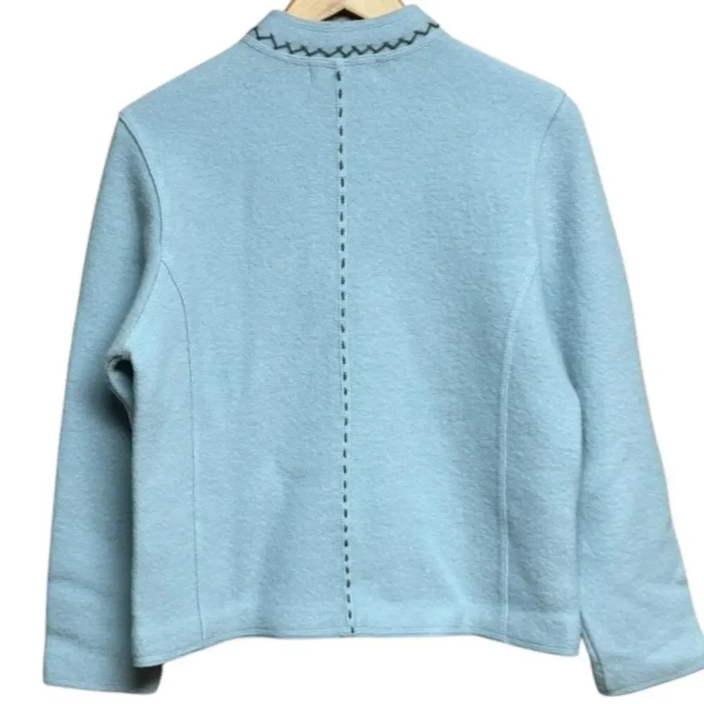 VTG 90s Petite Sophisticate Wool Zip Sweater Baby Blue Embroidered Alpine P Med